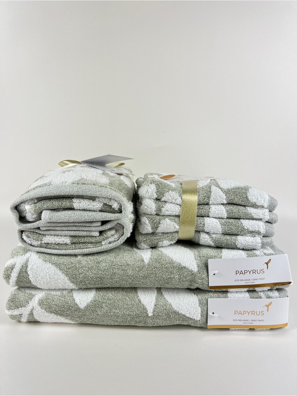 Papyrus Bath Towel Set Eco Melange Green White Floral Soft Cotton 8 Pc NEW